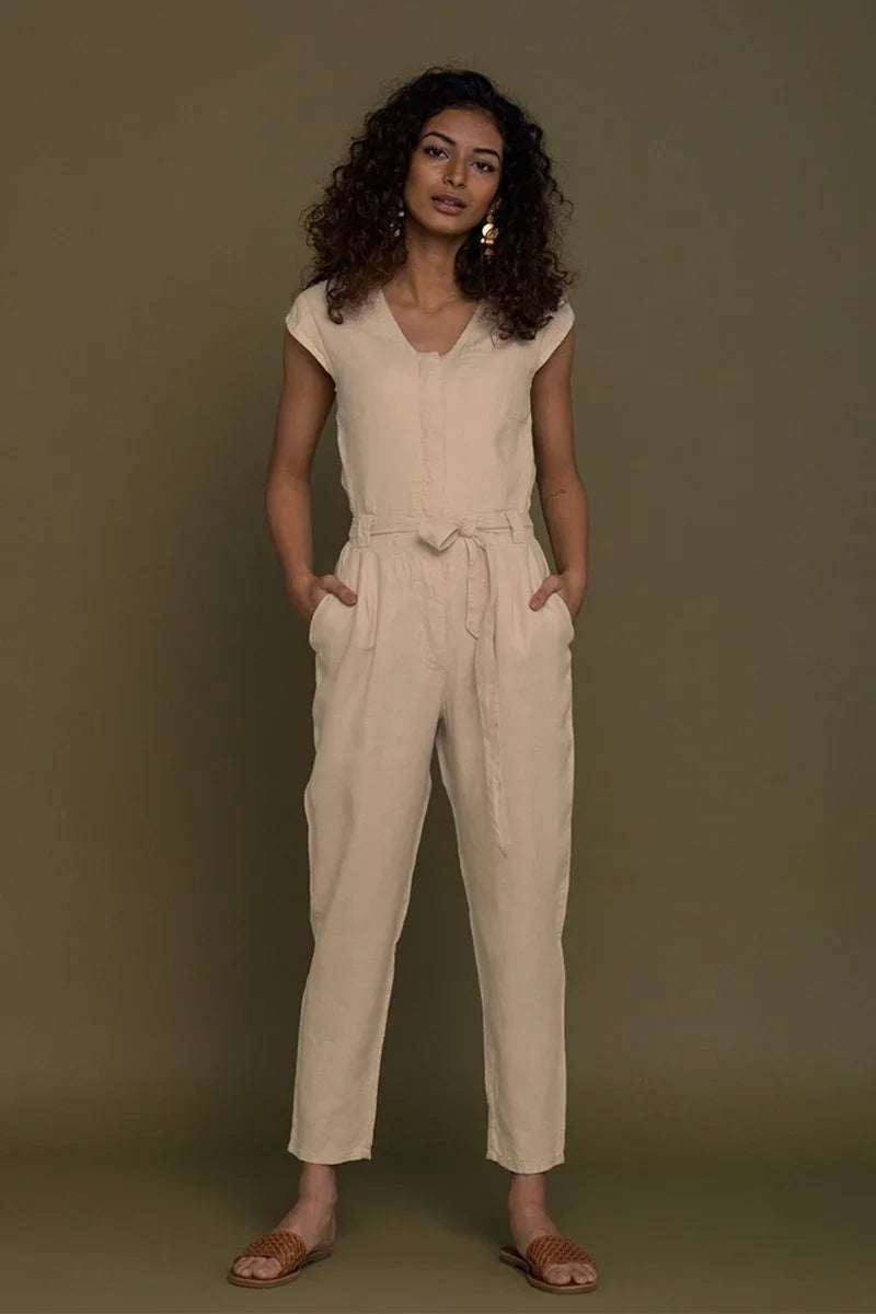 Stylish Neutral Beige Jumpsuit – V-Neck Design, Tapered Legs, Hemp Fabric