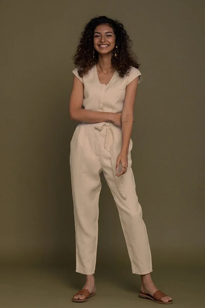 Stylish Neutral Beige Jumpsuit – V-Neck Design, Tapered Legs, Hemp Fabric