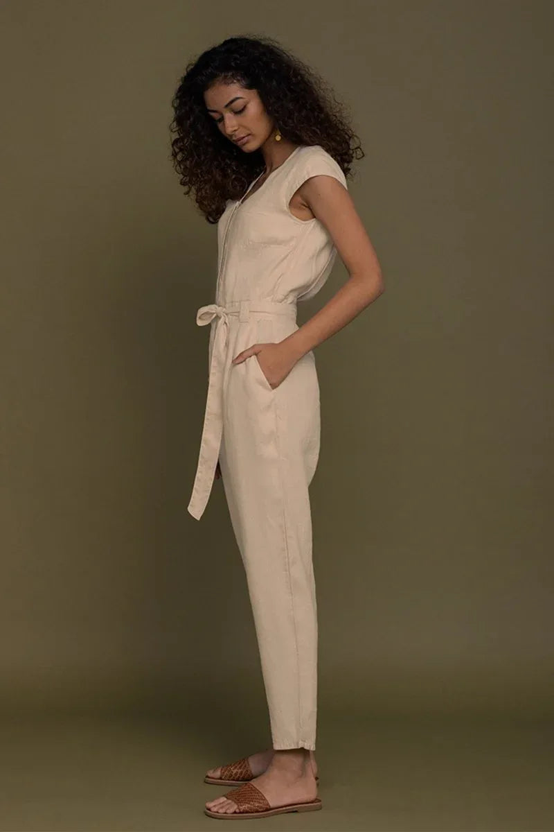 Stylish Neutral Beige Jumpsuit – V-Neck Design, Tapered Legs, Hemp Fabric
