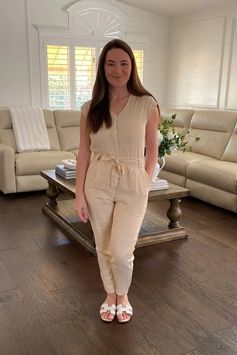 Stylish Neutral Beige Jumpsuit – V-Neck Design, Tapered Legs, Hemp Fabric