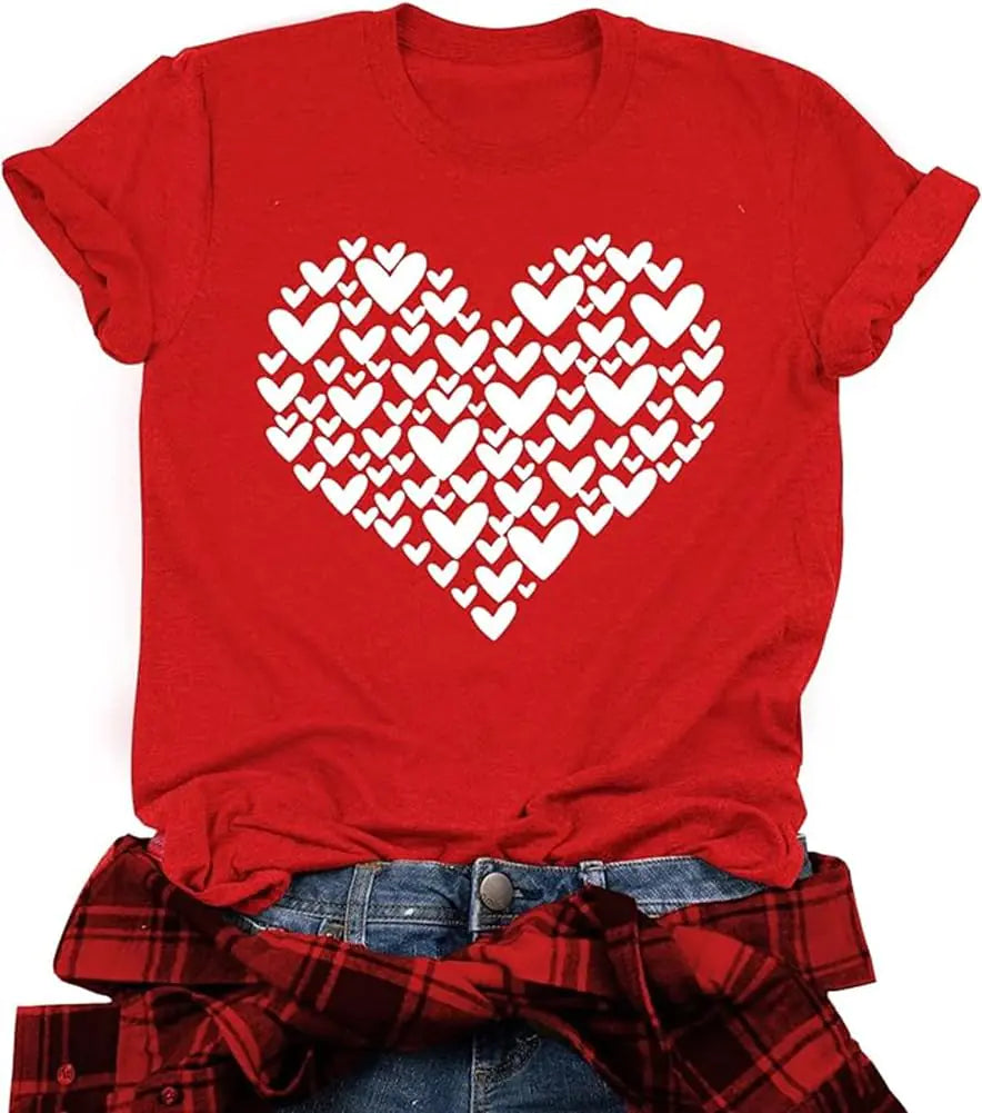 Valentines Day Shirts for Women Cute Love Heart Graphic T-Shirt Short Sleeve Teacher Valentines Gift Tee Tops(Red-2 S)