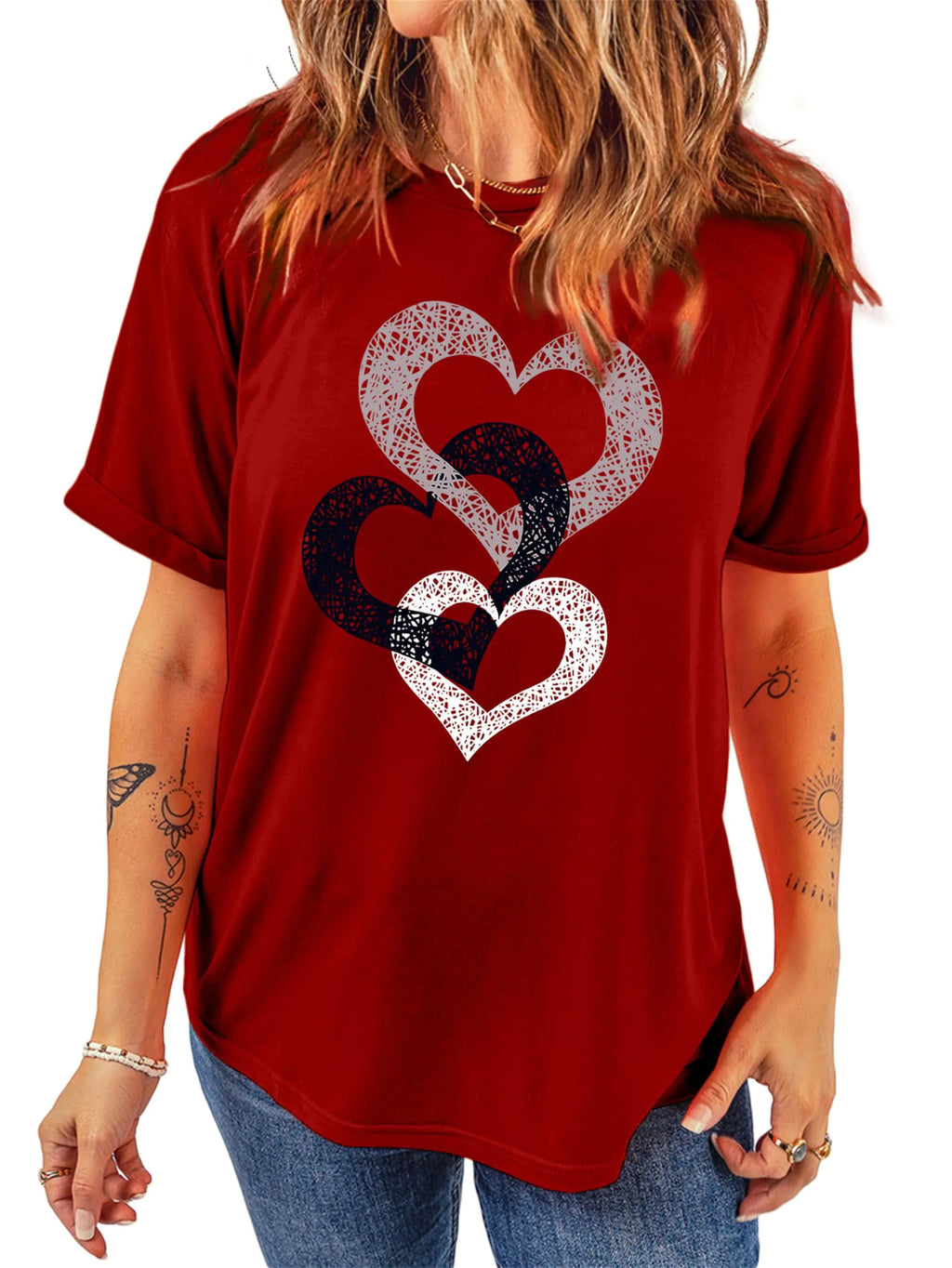 Valentines Day Shirts for Women Cute Heart Print Graphic T-Shirts Love Shirts for Women Valentines Day Casual Short Sleeve Top Wine Red
