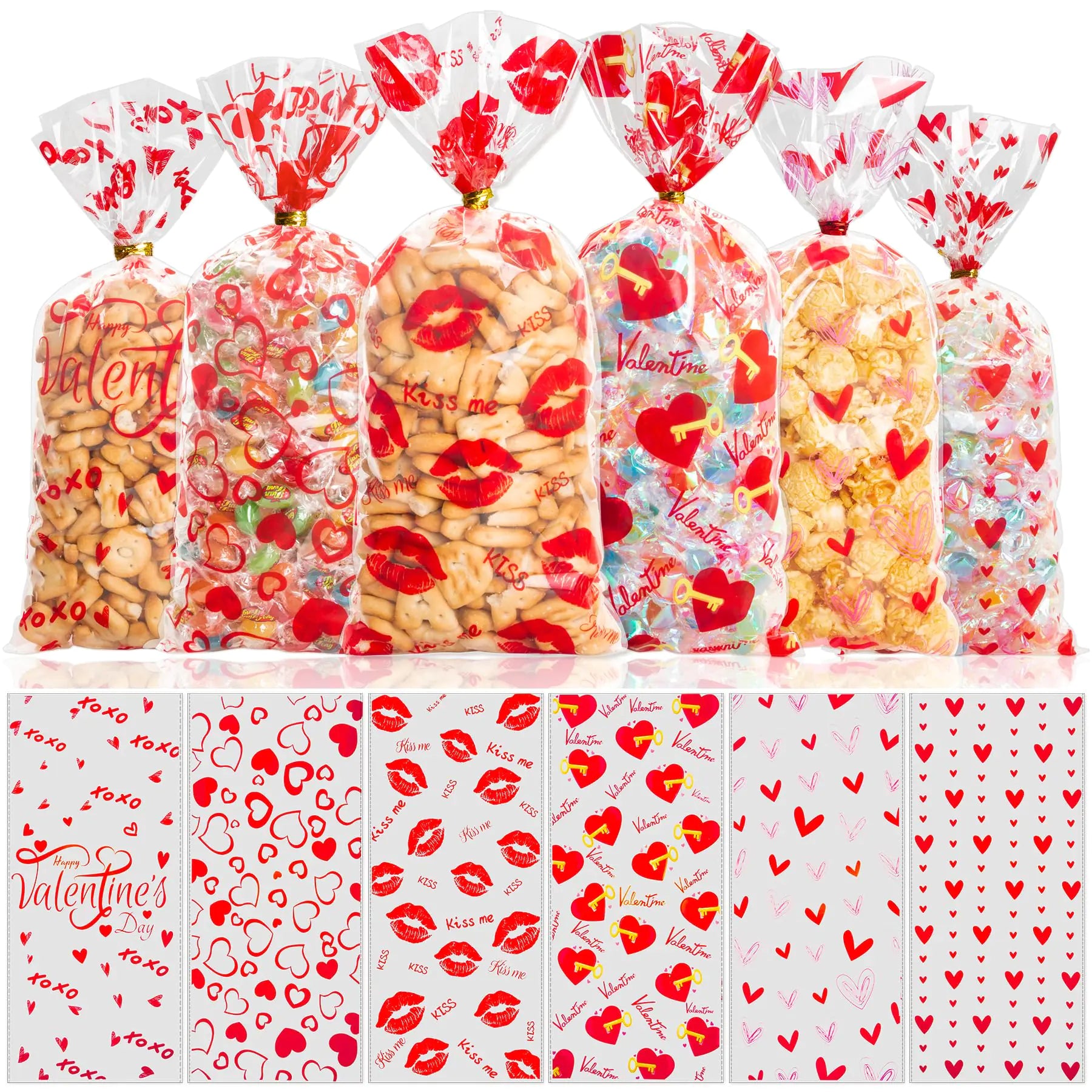 GOMANCHE 120 Pieces Valentines Day Cellophane Bags 6 Assorted Styles Valentines Treat Bags Valentines Goodies Bags with 120 Pieces Gold Twist Ties for Valentines Party Favors Supplies