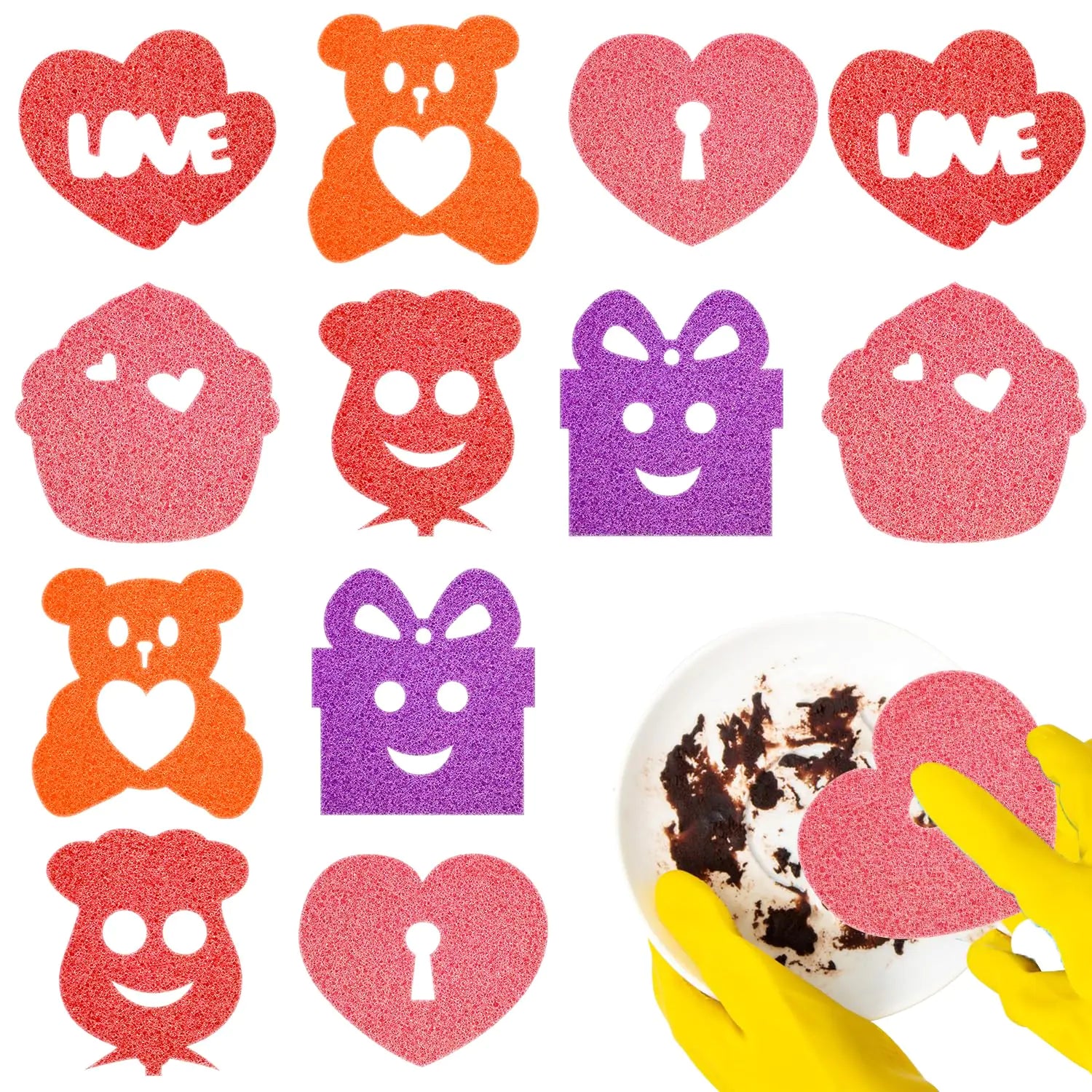 12 Pack Valentines Day Sponges Valentines Day Kitchen Decor Valentines Cleaning Sponges Kitchen Scrub Sponges Heart Rose and Bear Non Scratch Temperature Sensitive Scrubbing. (Valentines Day)