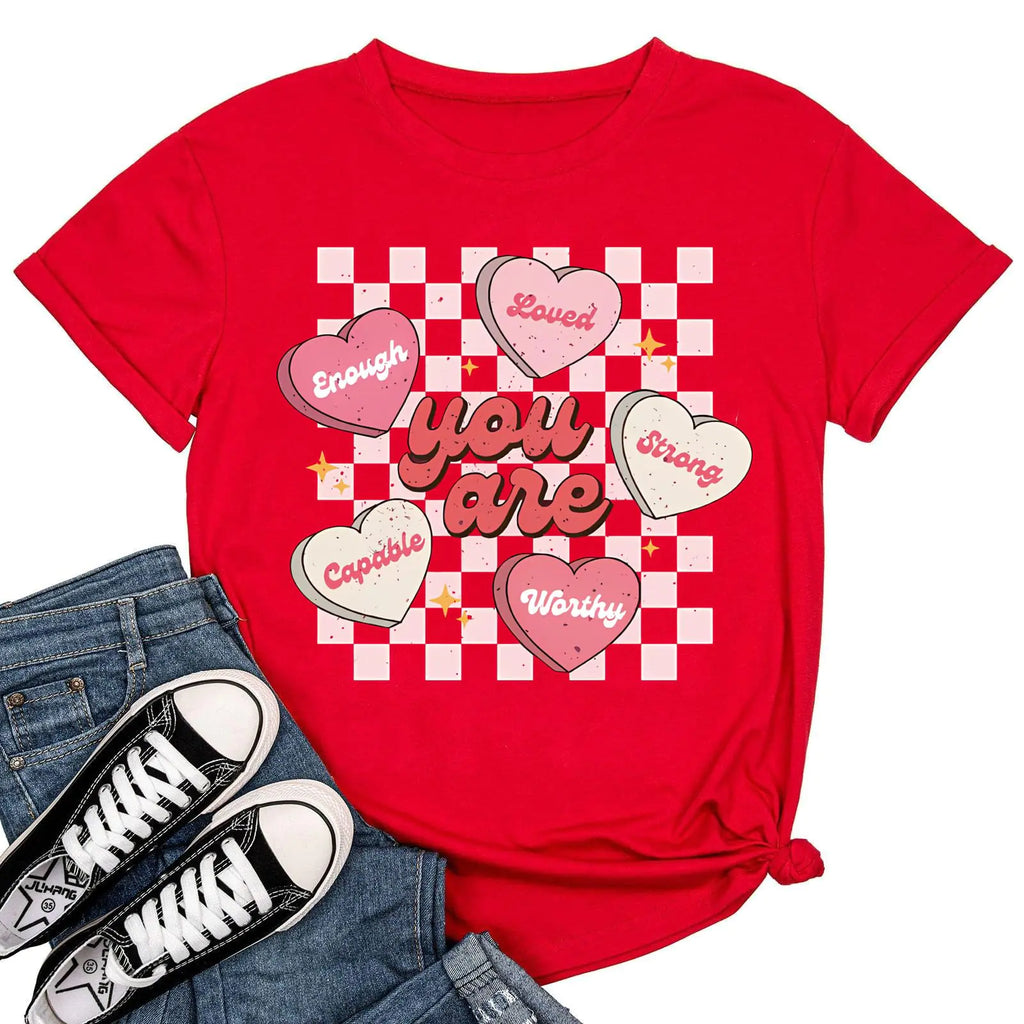 Womens Valentines Day Shirts Cute Couple Love Heart Print Graphic Tees Happy Valentines Day Short Sleeve Tops(RedXL)