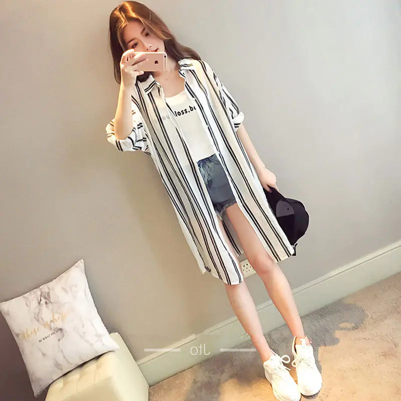 Women's Long Sleeve Cotton Hemp Striped Sunscreen Shirt