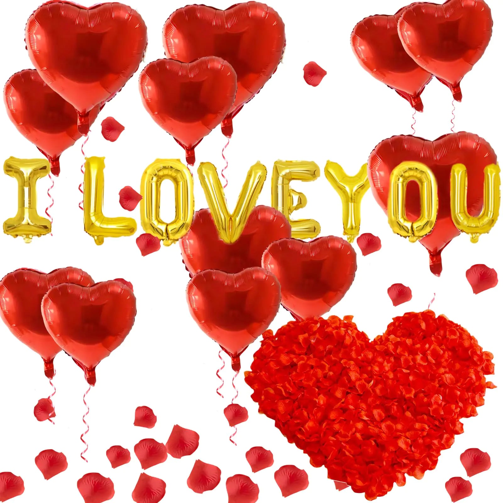I Love You Balloons and Heart Balloons with 500 Pieces Rose Petals Foil Mylar Love Balloons for Him/Her Wedding Anniversary Engagement Valentine Day Romantic Decorations Special Night Party Supplies