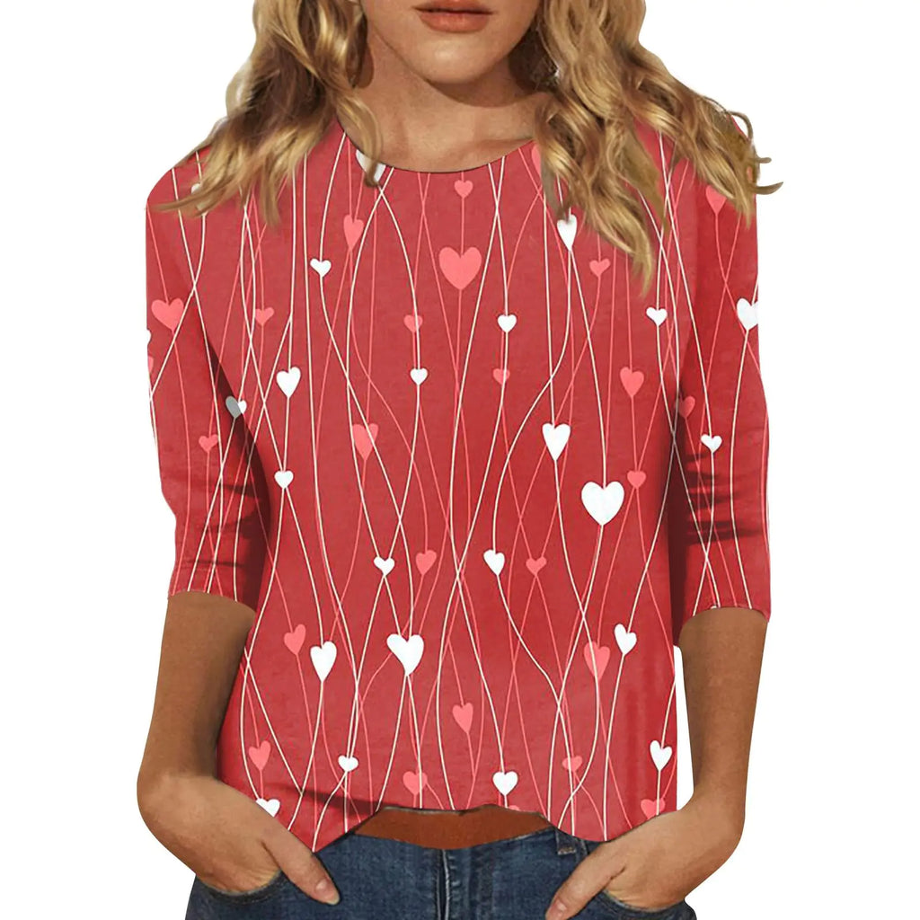Valentines Shirt Womens Valentines Shirt Womens Cotton Tops 3/4 Sleeve Crewneck Cute Shirts Casual Print Trendy Concert Outfits for Women 3/4 Sleeve Tops Length T Shirt RedL