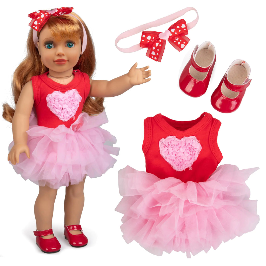 Dress Along Dolly 3pc Pink Heart Valentines Day 18" Doll Outfit w Hair Bow - American Clothes & Accessories Set Includes Valentines Day Dress Headband & Shoes - Girl Valentines Gift