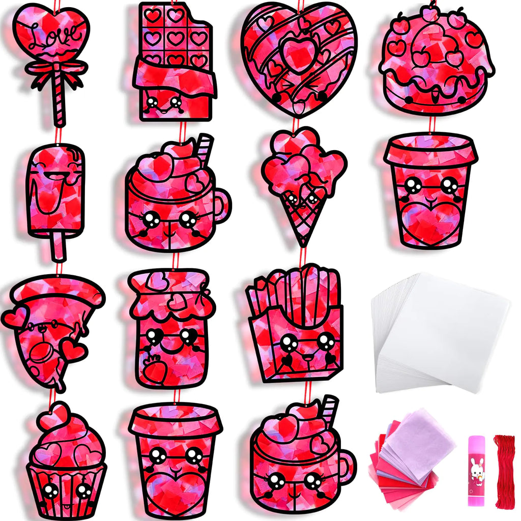 BOLLBAY 36 Pcs Valentines Day Suncatchers Paper Crafts for Kids Valentine DIY Tissue Paper Crafts Dessert/Heart Shaped Window Stained Glass Effect Suncatcher Craft for Party Favors Classroom Craft