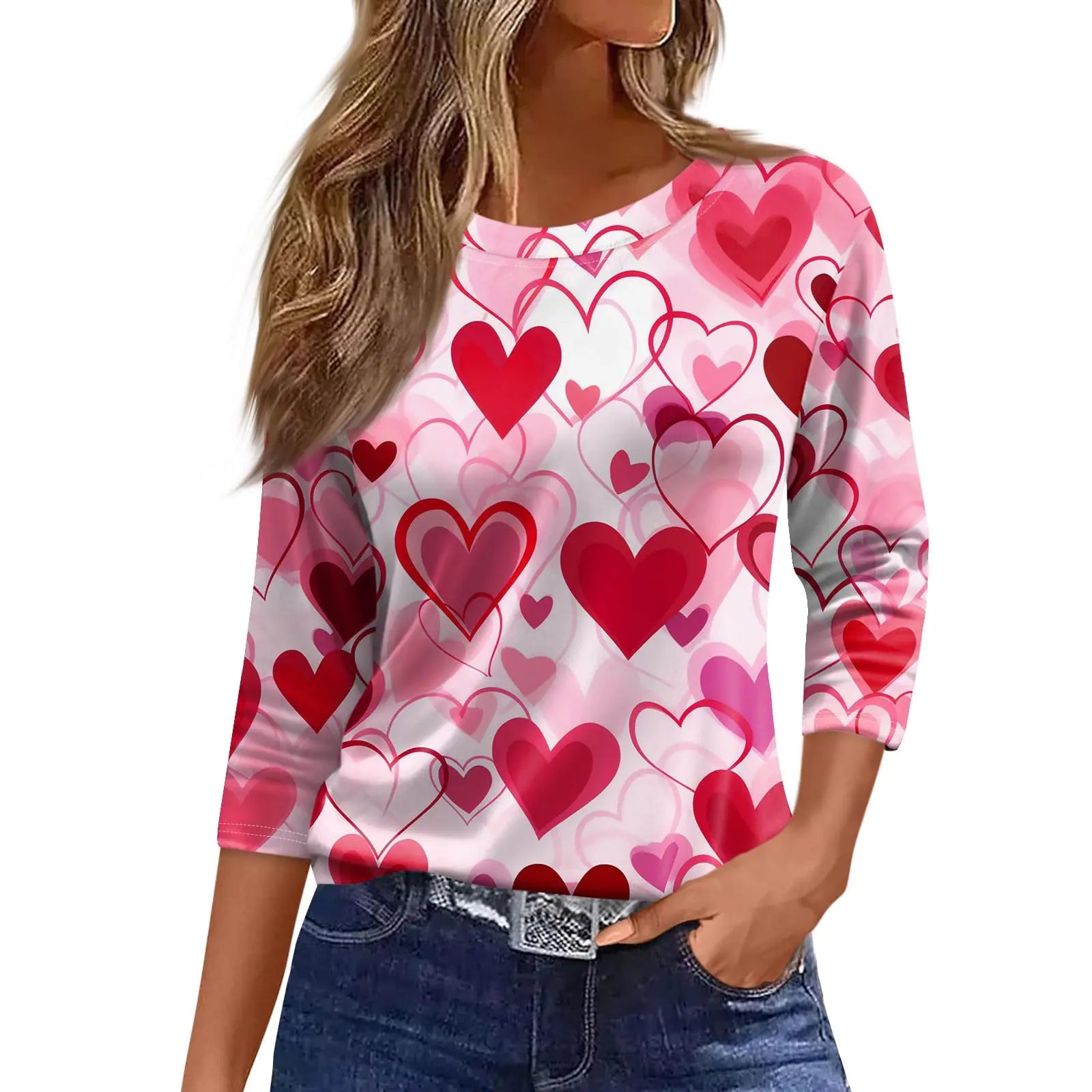 LAYHTKTL Women Valentine Shirt 3/4 Sleeve Crewneck Heart Print Ladies Valentines Tops Oversized Womens Blouse Spring Valentines Day Outfit Red 3X-Large