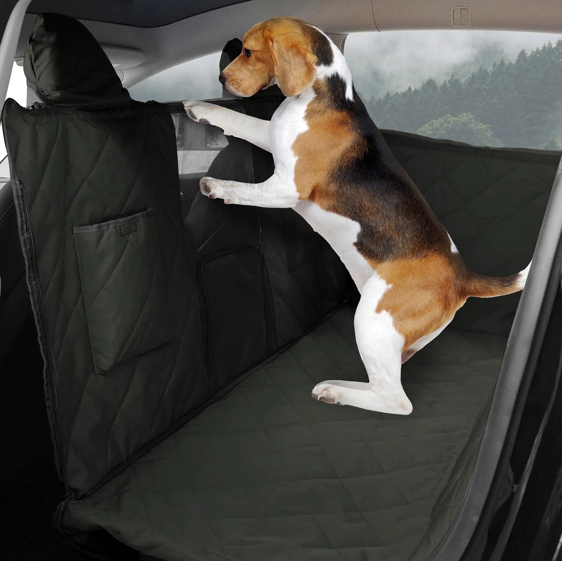 MARKSIGN Dog Car Seat Cover for Tesla Model Y 100% Waterproof Dog Seat Cover for Back Seat with Anti Sagging Glassfiber Tube Dog Hammock for Car with Mesh Window Storage Pockets (Dark green) - Jays Shop uk