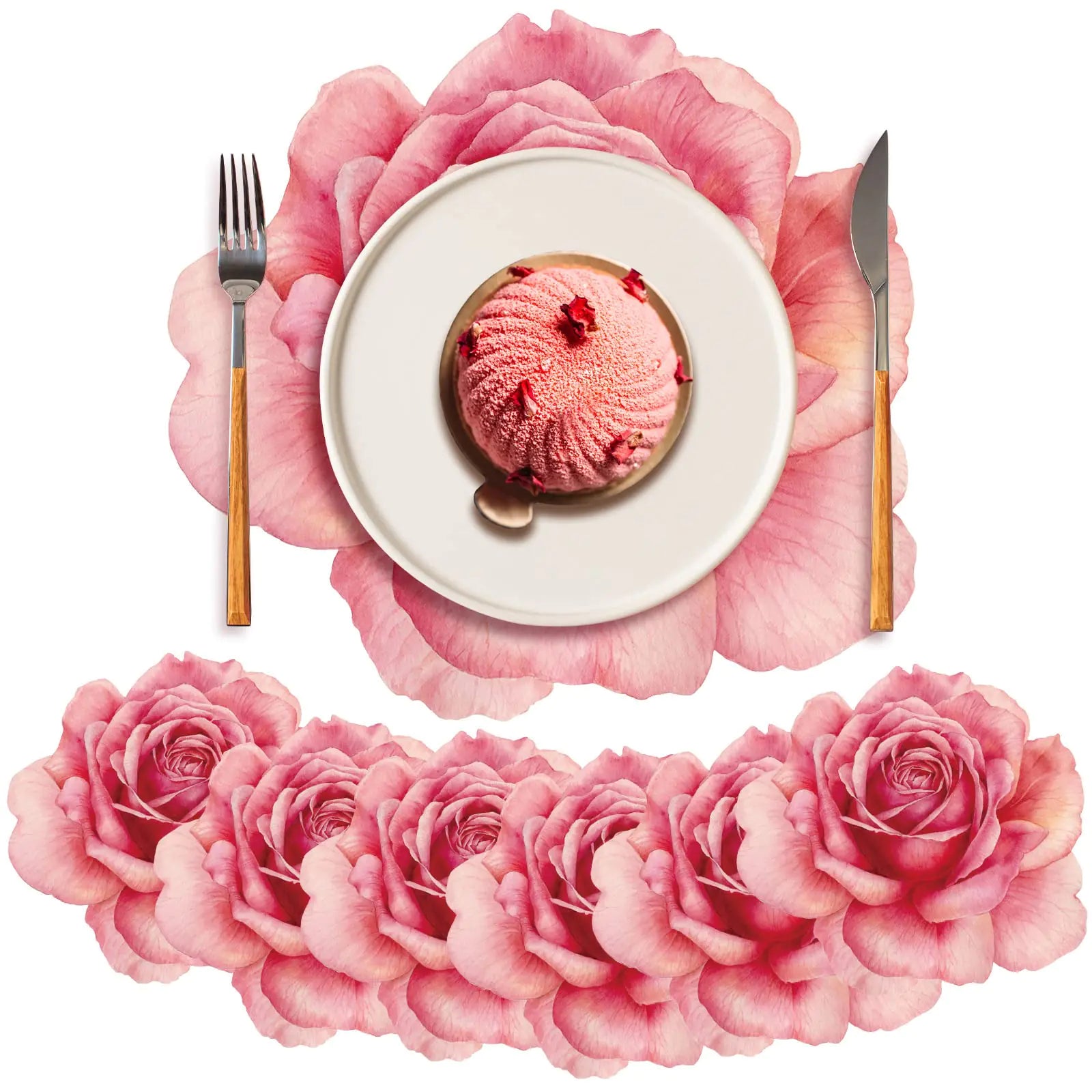 100 Pack Disposable Rose Flower Shaped Paper Place Mats 13 Inch Pink Floral Charger Place Mat Disposable Placemat Valentine Mothers Day Summer Spring Flowers BBQ Dinner Table Placemats (Rose Flower)