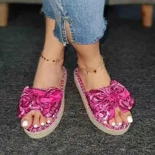 Vintage Beach Hemp Straw Bow Slippers