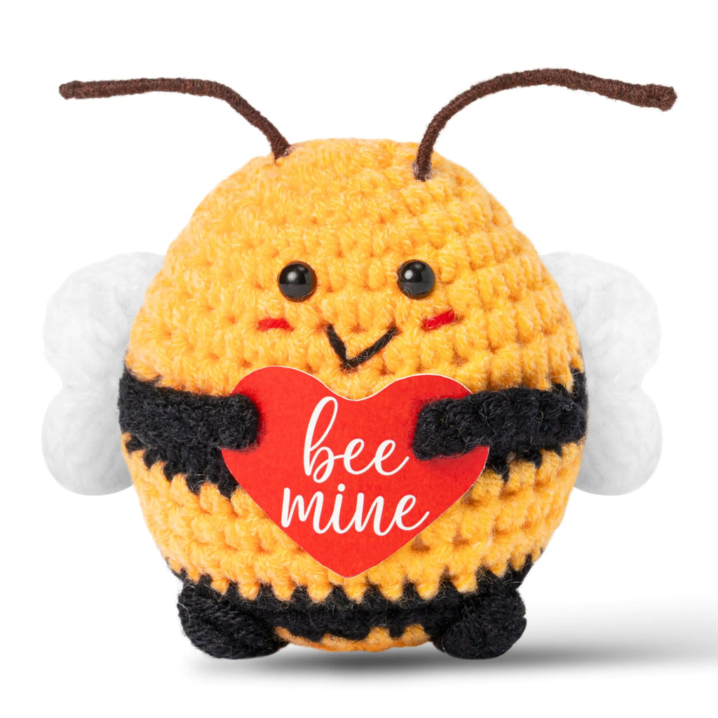 DJianrang Valentine Bees Handmade Positive Crochet with Bee Mine Heart Shape Card Mini Positive Knitted Crochets Cute Emotional Support Doll Desk Decorations Funny Craft Gifts for Women Men Lovers