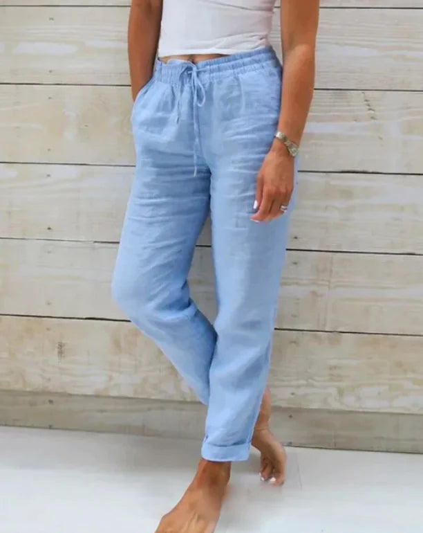 Solid Cotton Hemp Pants with Elastic Waist