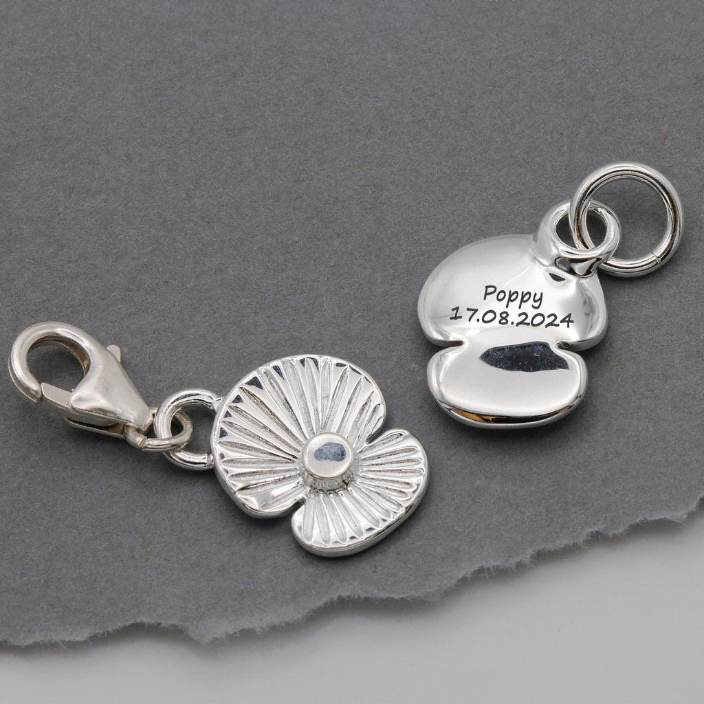 Poppy Flower Personalised Silver Charm - Jays Shop uk