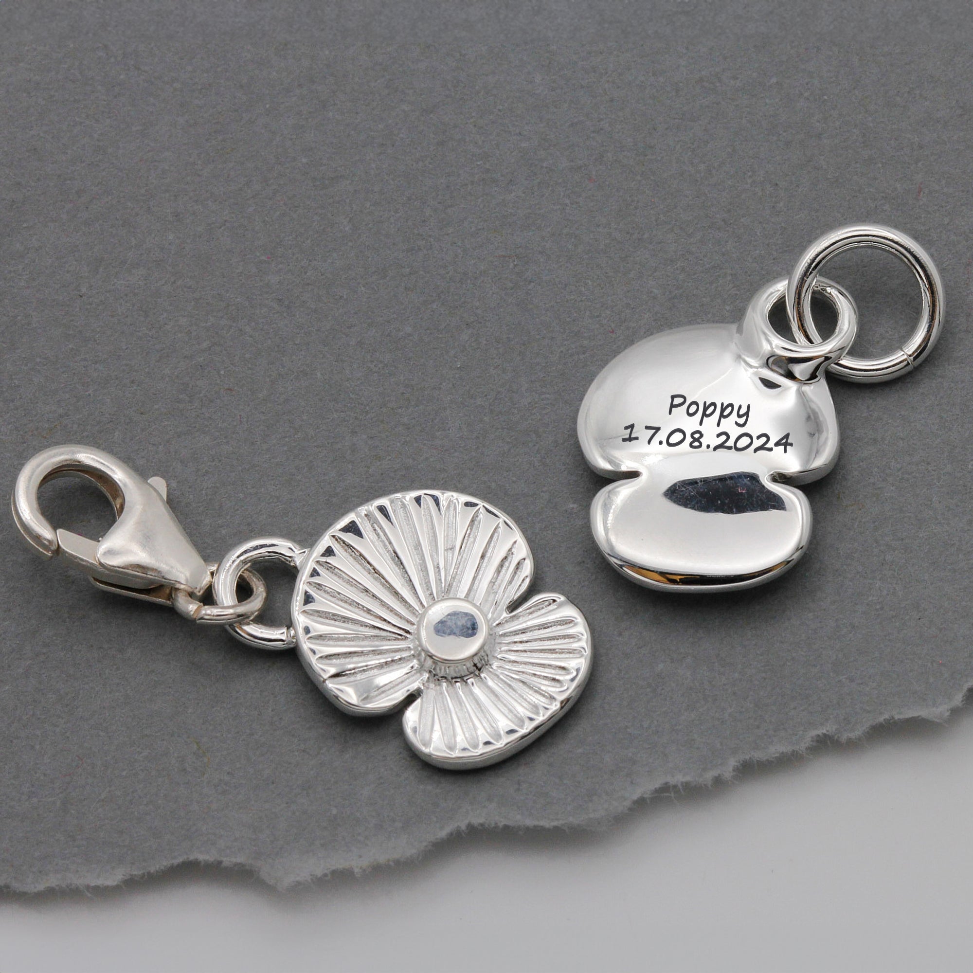 Poppy Flower Personalised Silver Charm - Jays Shop uk