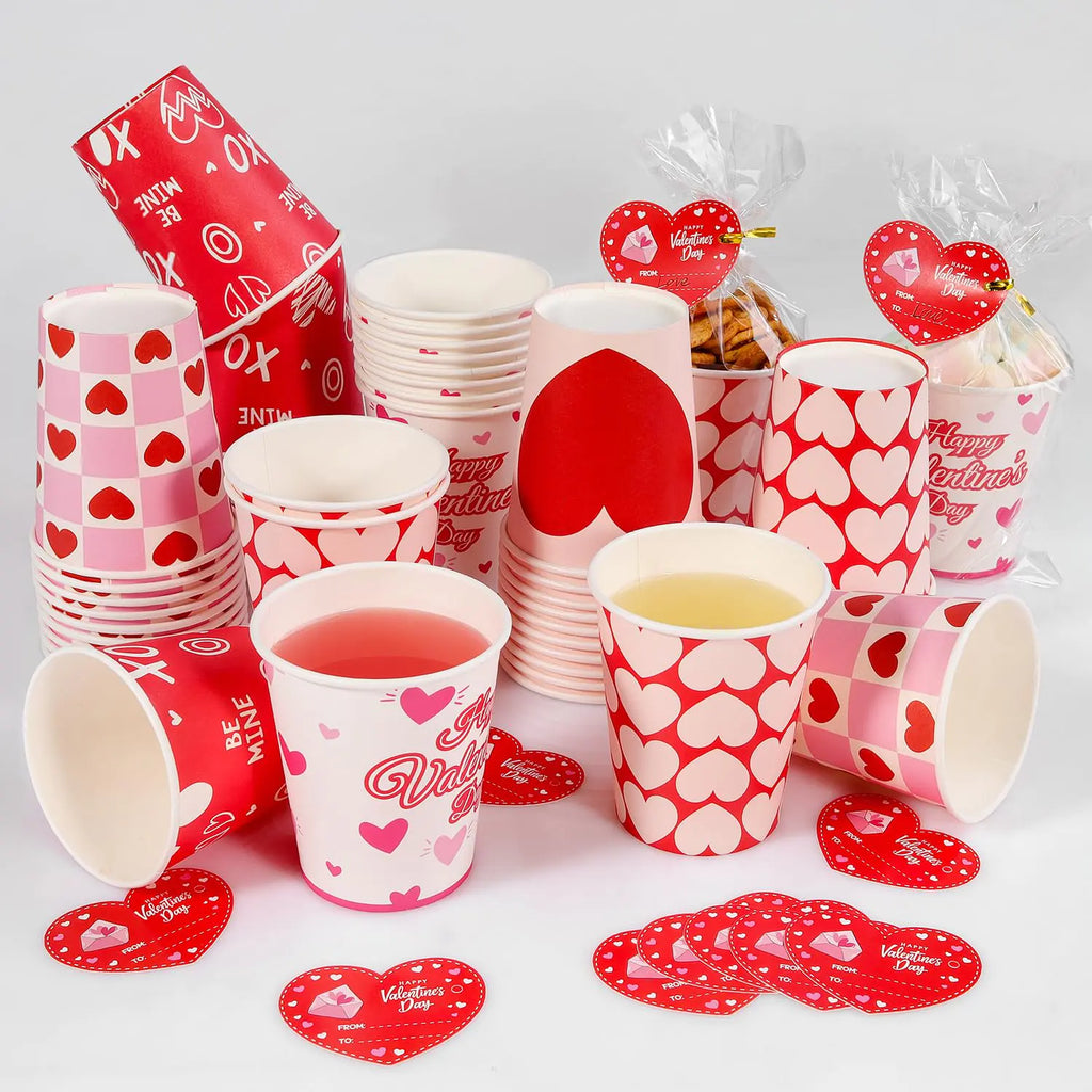 50 PCS Valentines Day Paper Cups with Valentines Cards for Kids Classroom and Clear Gift Bags-9 oz Disposable Cocoa Coffee Cups for Party Supplies with Love Design-Valentine Party Wedding Decorations