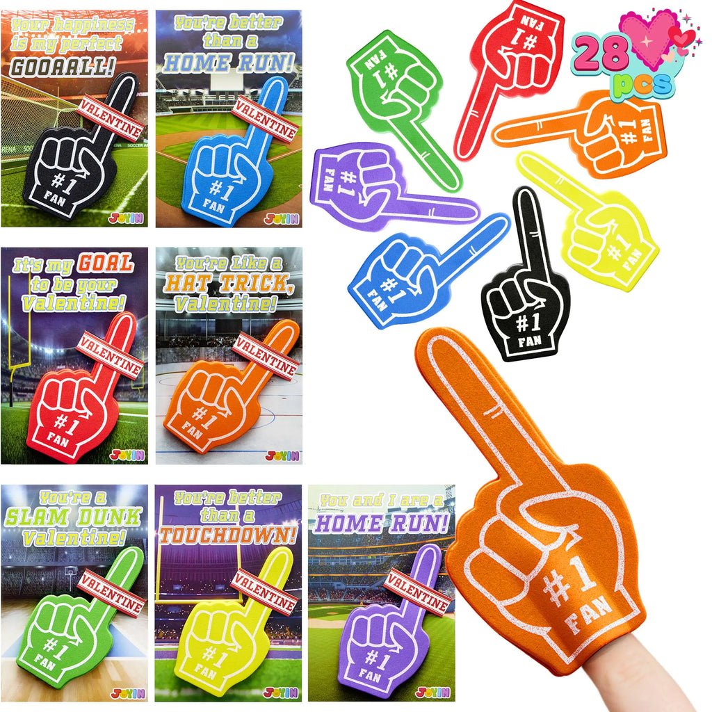JOYIN 28 Pcs Valentines Day Foam Fingers with Cards for Kids Valentine Party Favor Valentine’s Greeting Cards Valentines Classroom Exchange Gift for Kids Holiday Reward Prizes