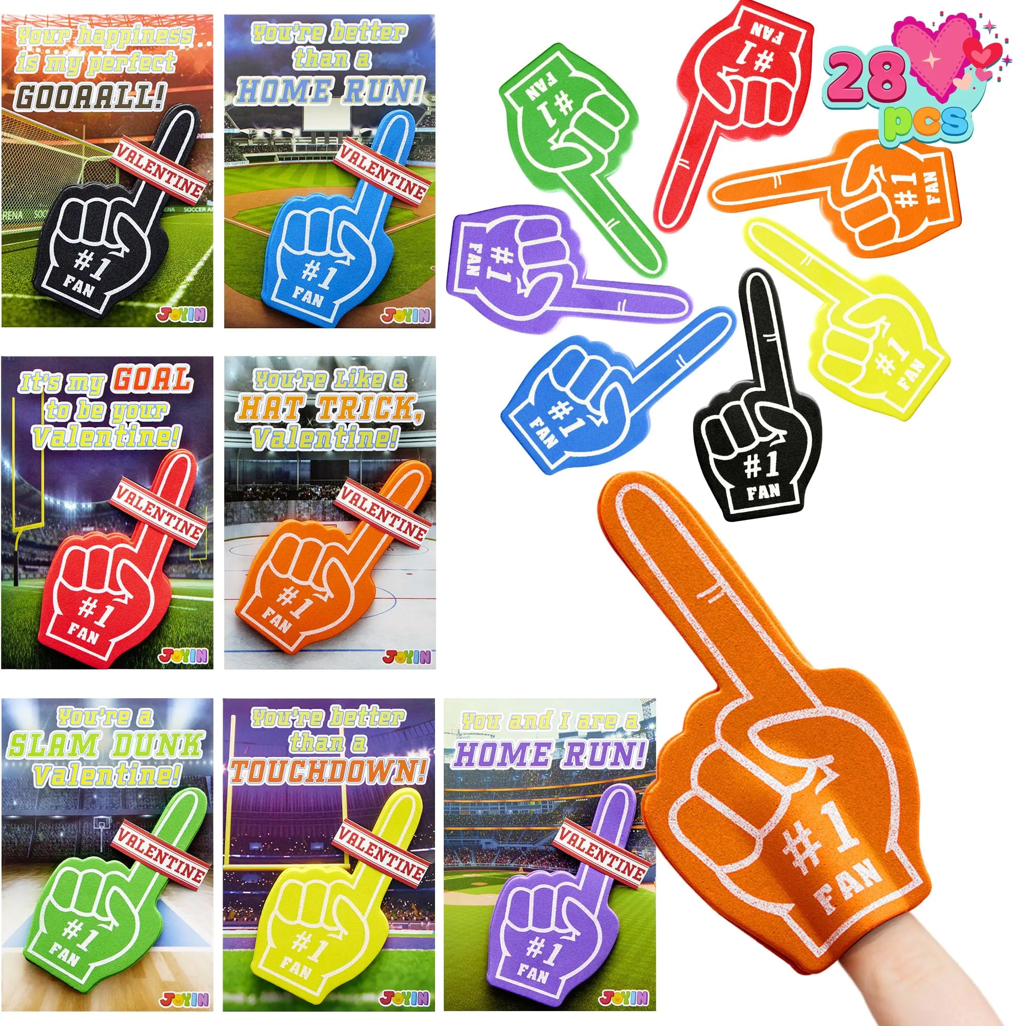 JOYIN 28 Pcs Valentines Day Foam Fingers with Cards for Kids Valentine Party Favor Valentine’s Greeting Cards Valentines Classroom Exchange Gift for Kids Holiday Reward Prizes
