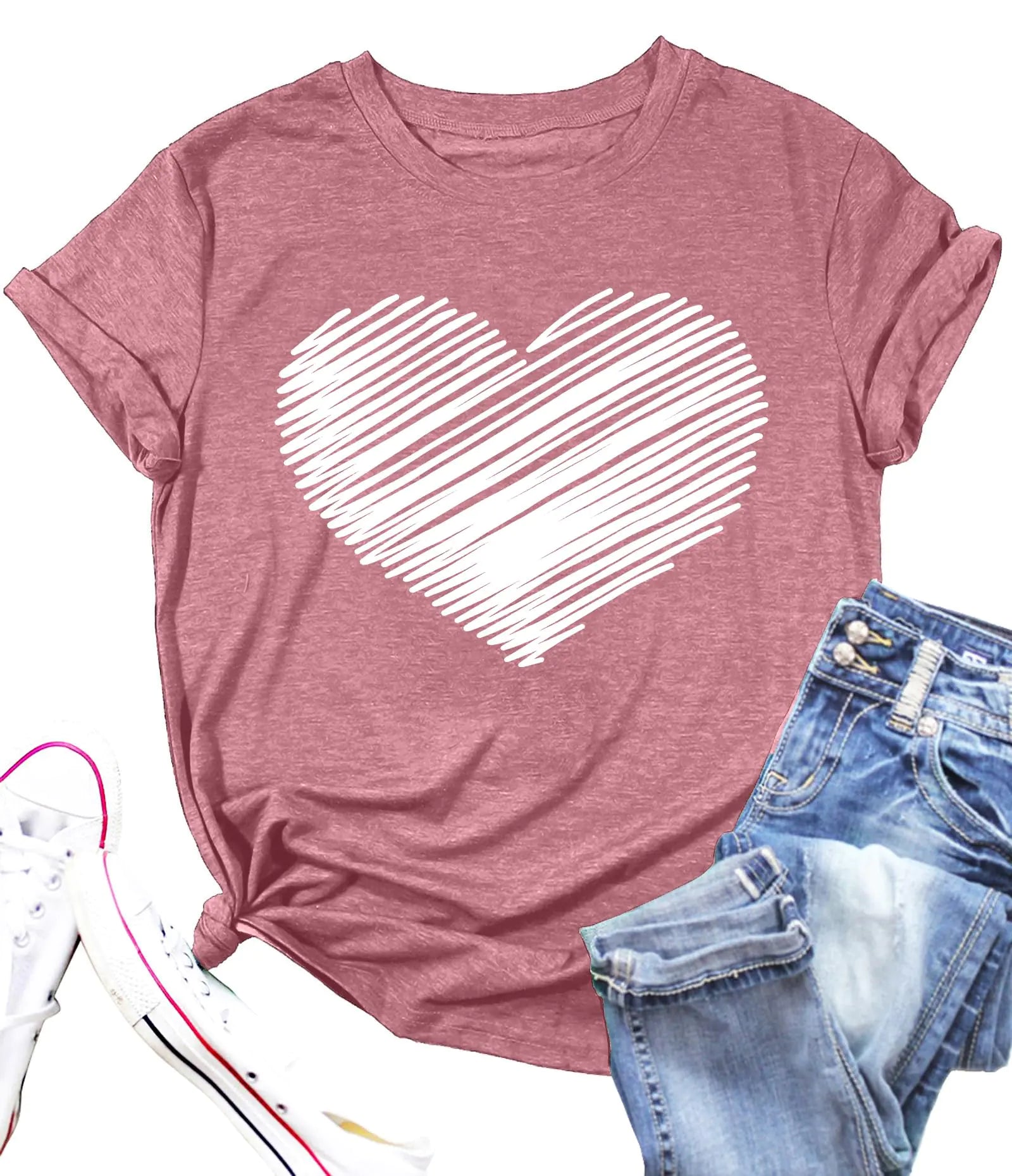 Valentines Day Shirt Women Heart Print Tee Funny Love Heart T-Shirts Valentines Gifts for Her