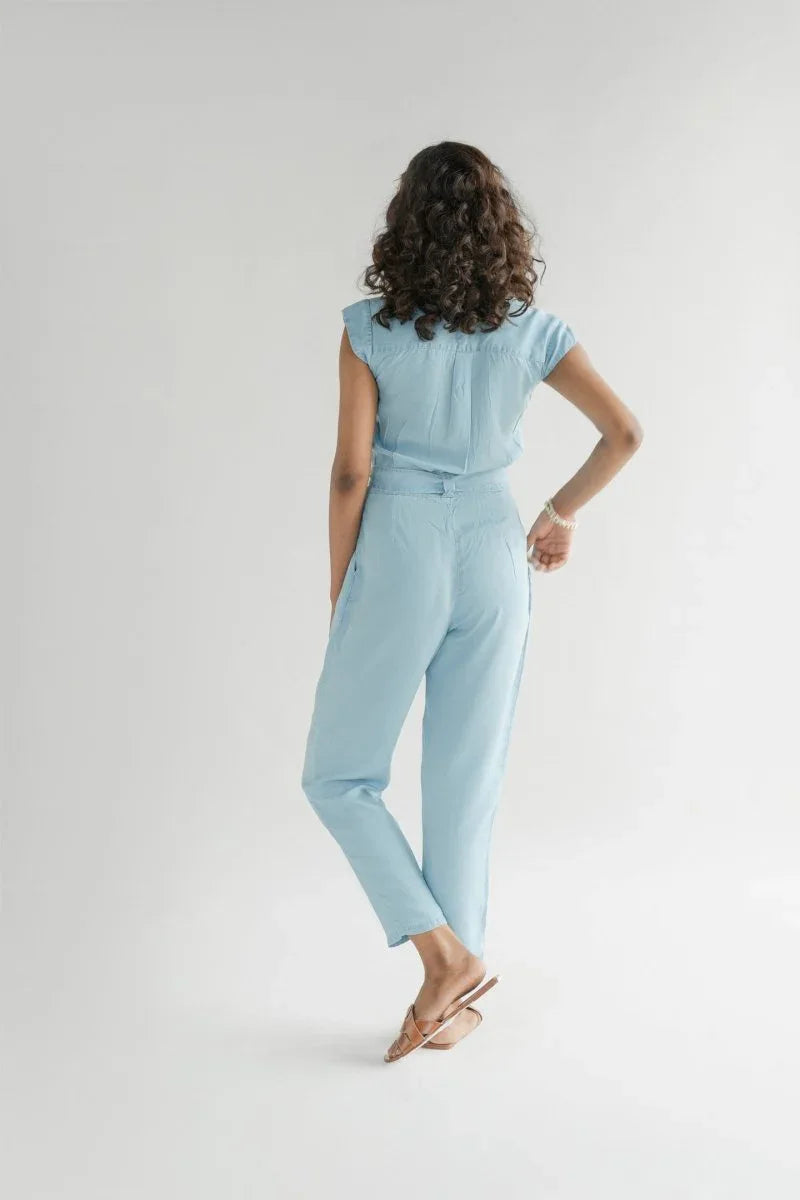 Stylish Tencel Jumpsuit for Women | V-Neck, Micro Sleeves, and Pocket Details in Blue Denim