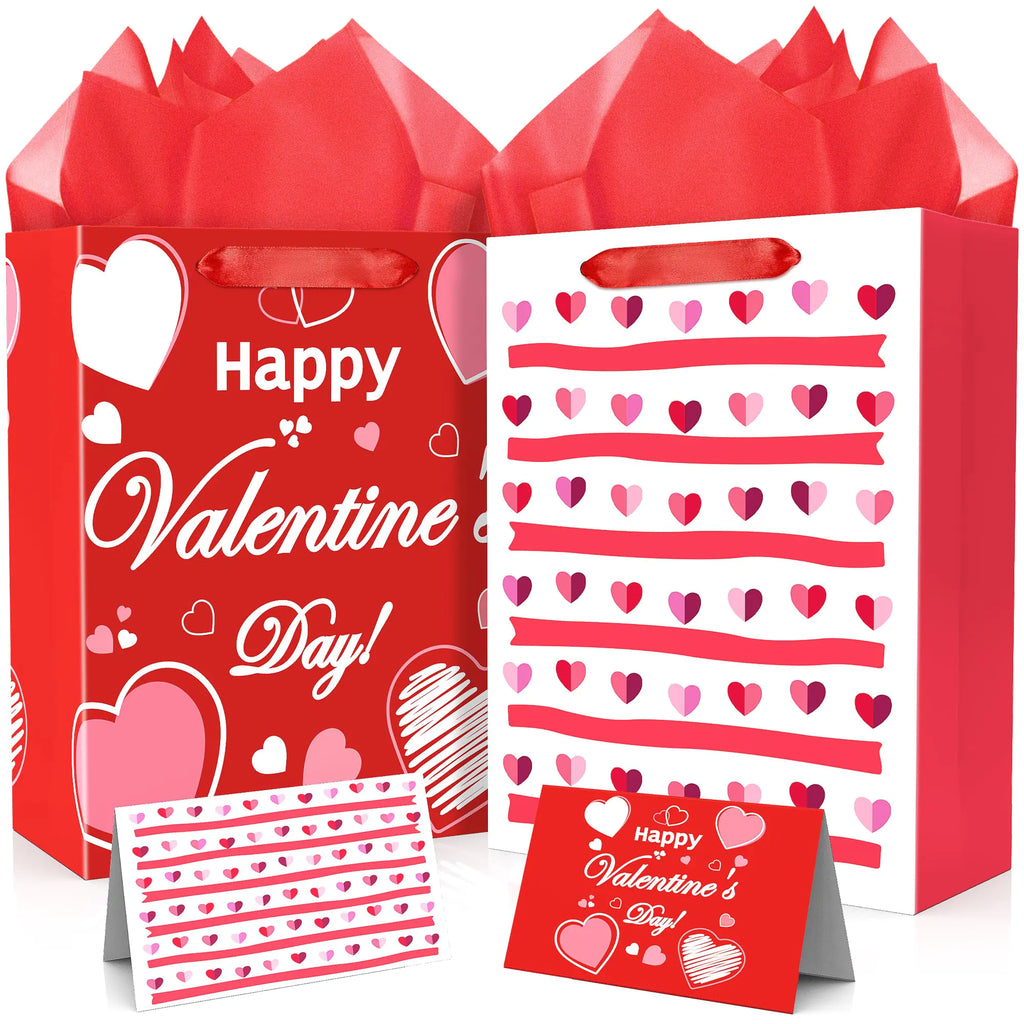 2PCS 13" Valentines Gift Bags with Tissue Paper and Card Valentine Day Gift Bag for Kids and Adults Love Heart Treat Wrapping Bags for Valentines Day Wedding Anniversary Party Favors Supplies