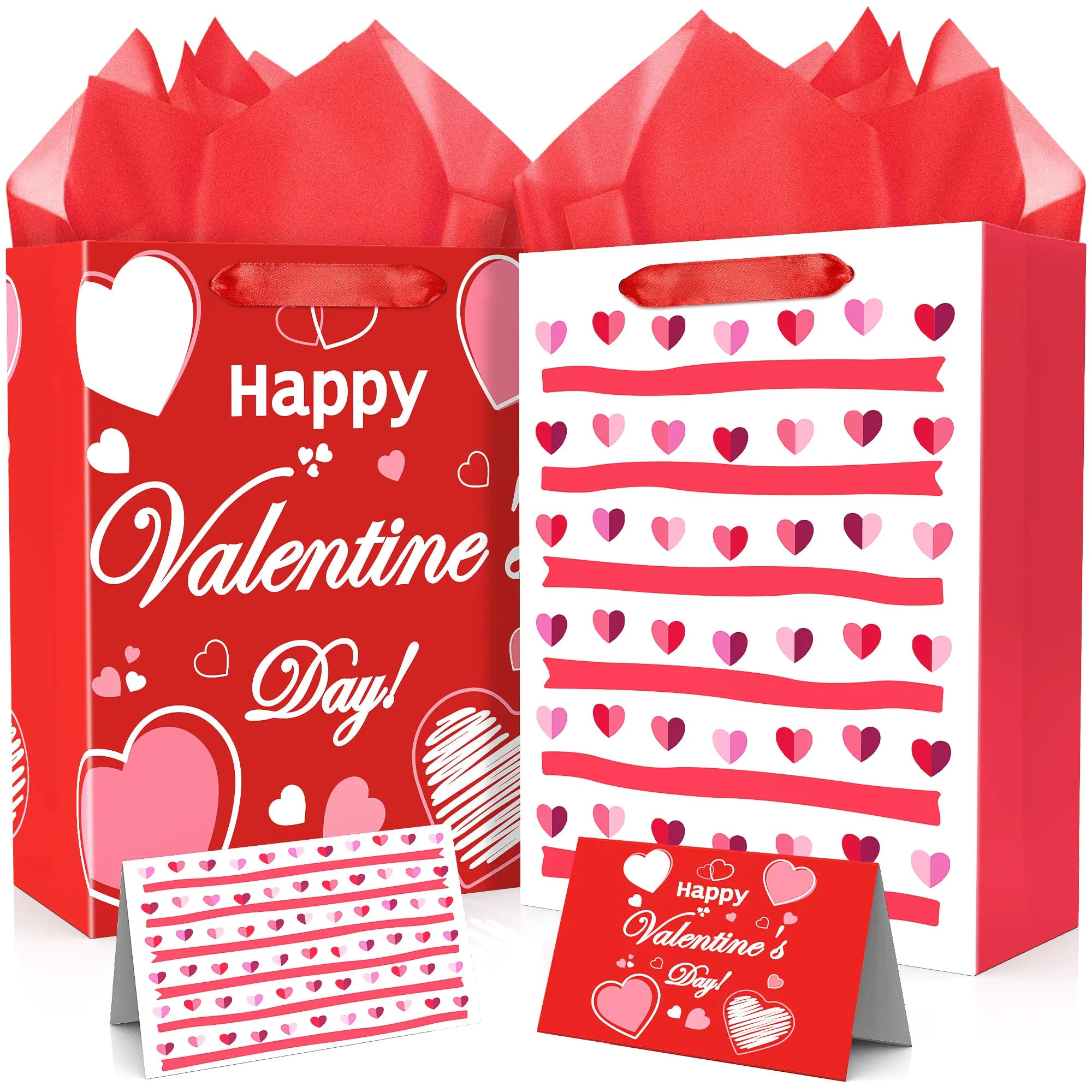 2PCS 13" Valentines Gift Bags with Tissue Paper and Card Valentine Day Gift Bag for Kids and Adults Love Heart Treat Wrapping Bags for Valentines Day Wedding Anniversary Party Favors Supplies