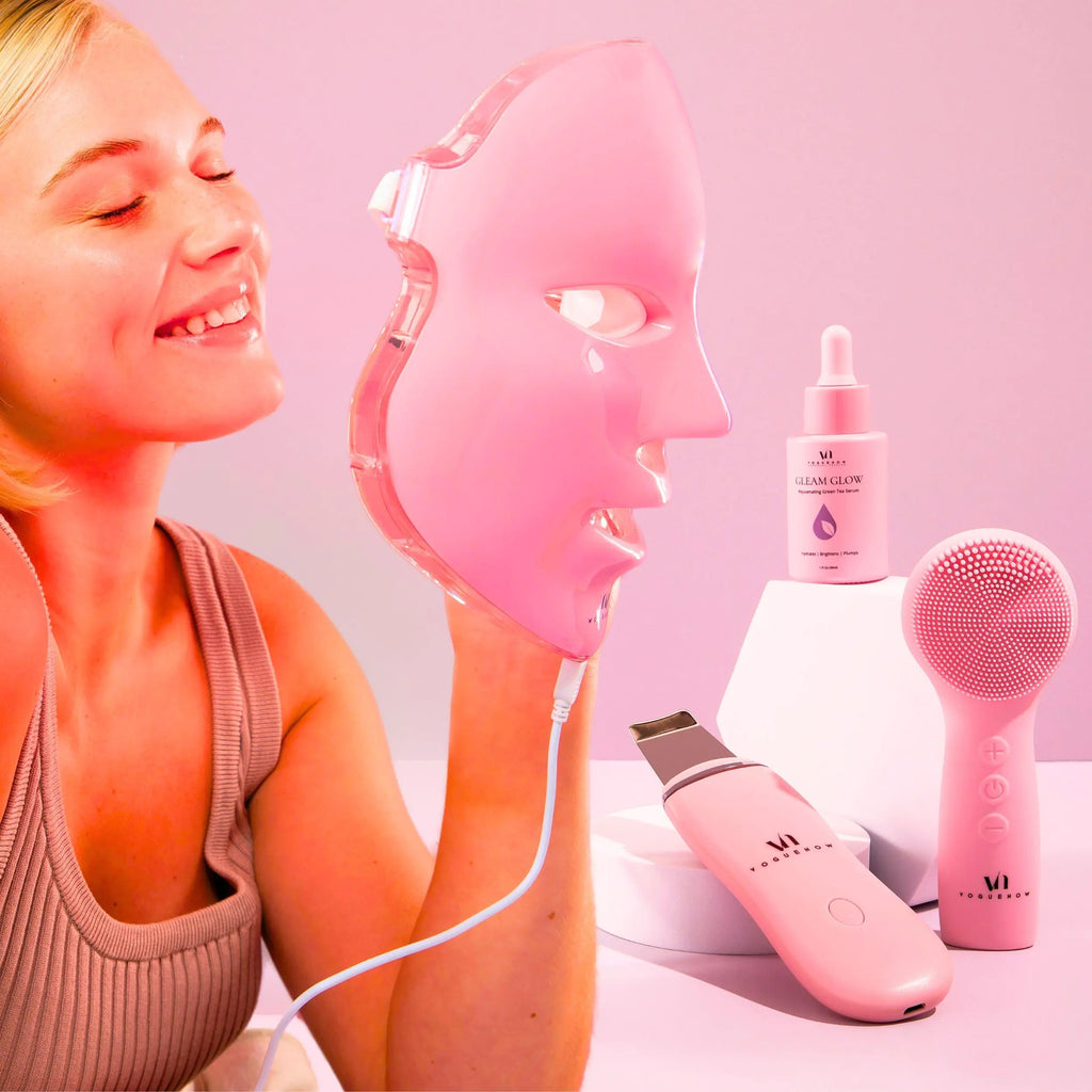 LED Face Mask Light Therapy Premium Valentines Gift Spa Kit (4 Pcs) - With Ultrasonic Scrubber Sonic Brush & Green Tea Serum - 7 Colors (Blue & Red) - Valentine Gifts for Women Galentines Day Gifts