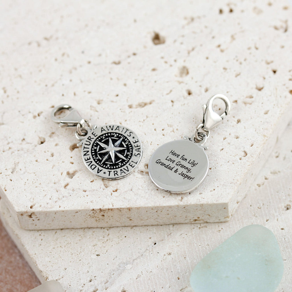 Travel Safe Compass Personalised Silver Charm - Jays Shop uk