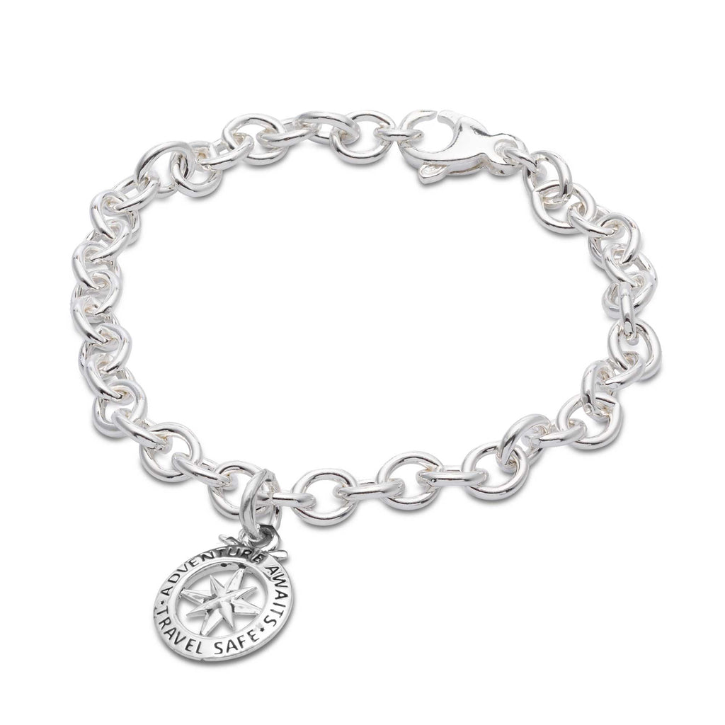 Travel Safe Outline Compass Silver Charm