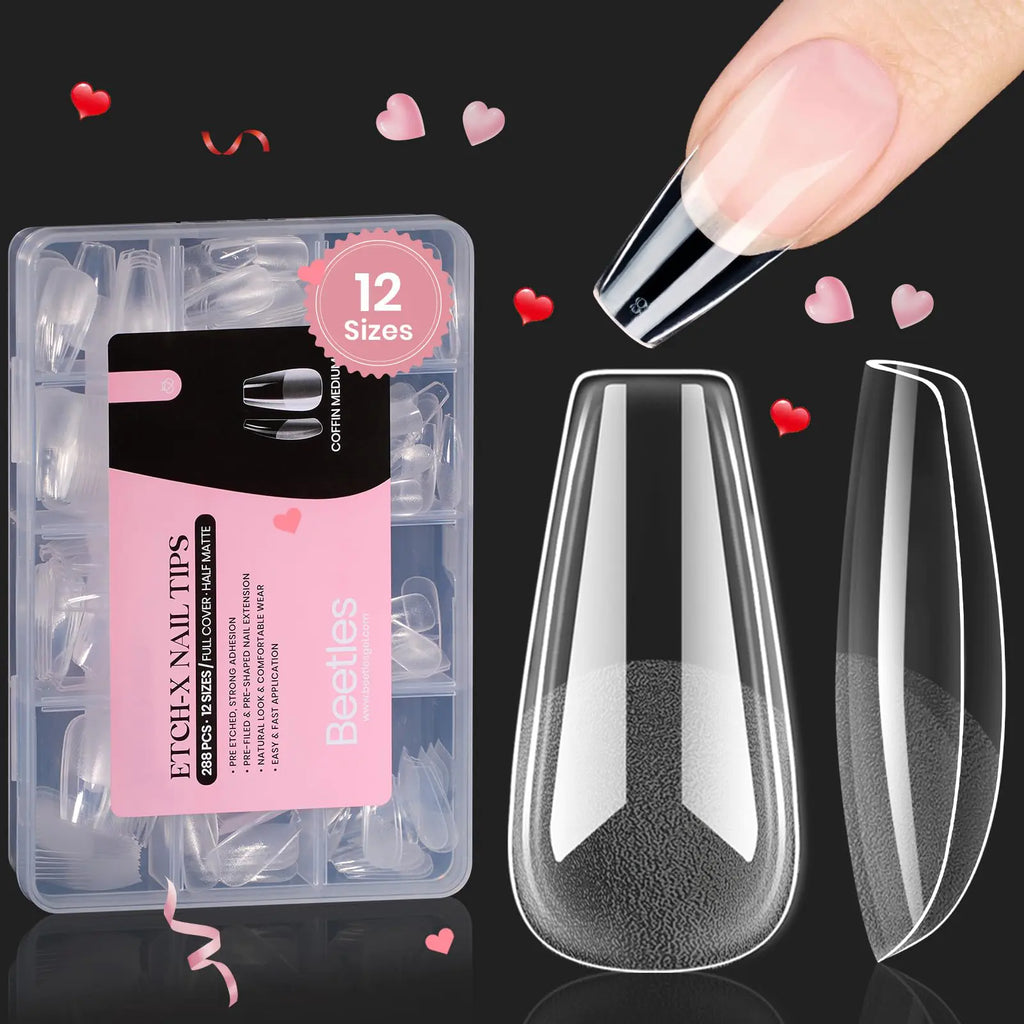 Beetles Gel Nail Tips Medium Coffin Etch X Nail Tips 12 Sizes 288Pcs Pre Shaped Half Matte Press On Nails Full Cover False Nails for Valentine Nails Acrylic Fake Nails Nail Extensions Kit