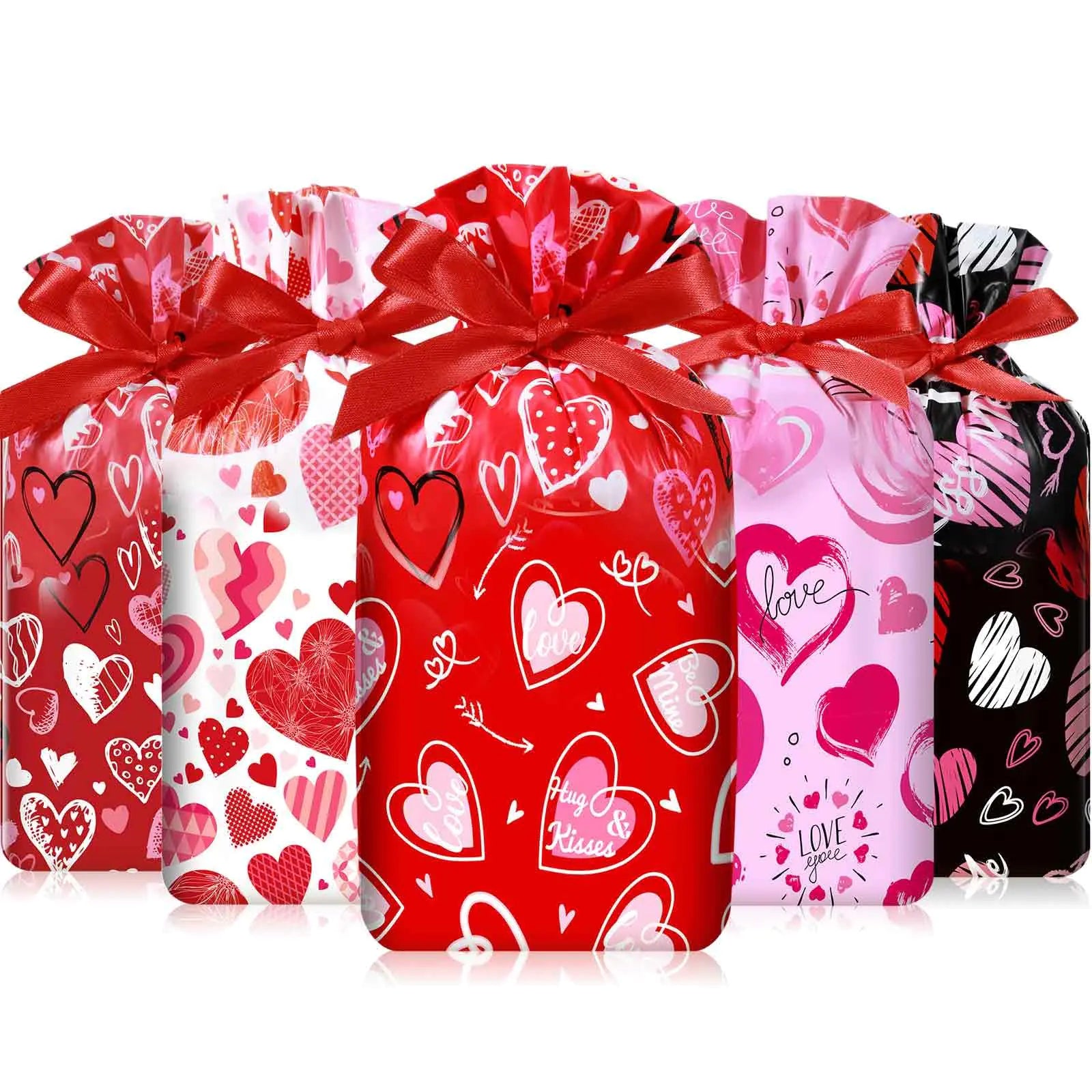 Capoda 50 Pcs Valentines Day Treat Bags Plastic Drawstring Candy Bags Valentine Heart Shaped Gift Bag Pouch for Valentines Day Classroom Exchange Gifts Wedding Party Favor Supplies 6 x 9 Inch