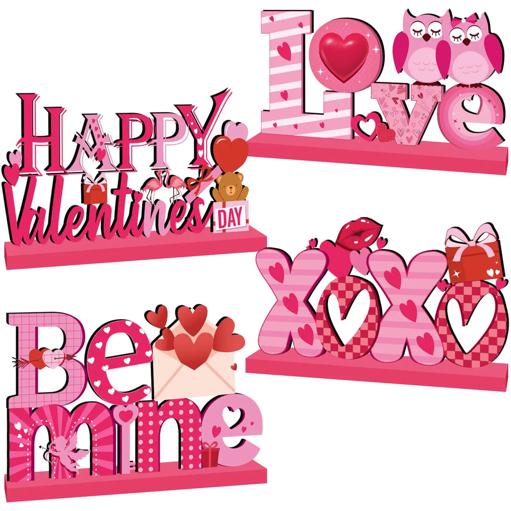 4Pcs Valentines Day Decorations Happy Valentines Day Wooden Table Centerpieces XOXO Be Mine Valentines Day Table Decorations Valentine Decorations for Home Valentines Day Gifts