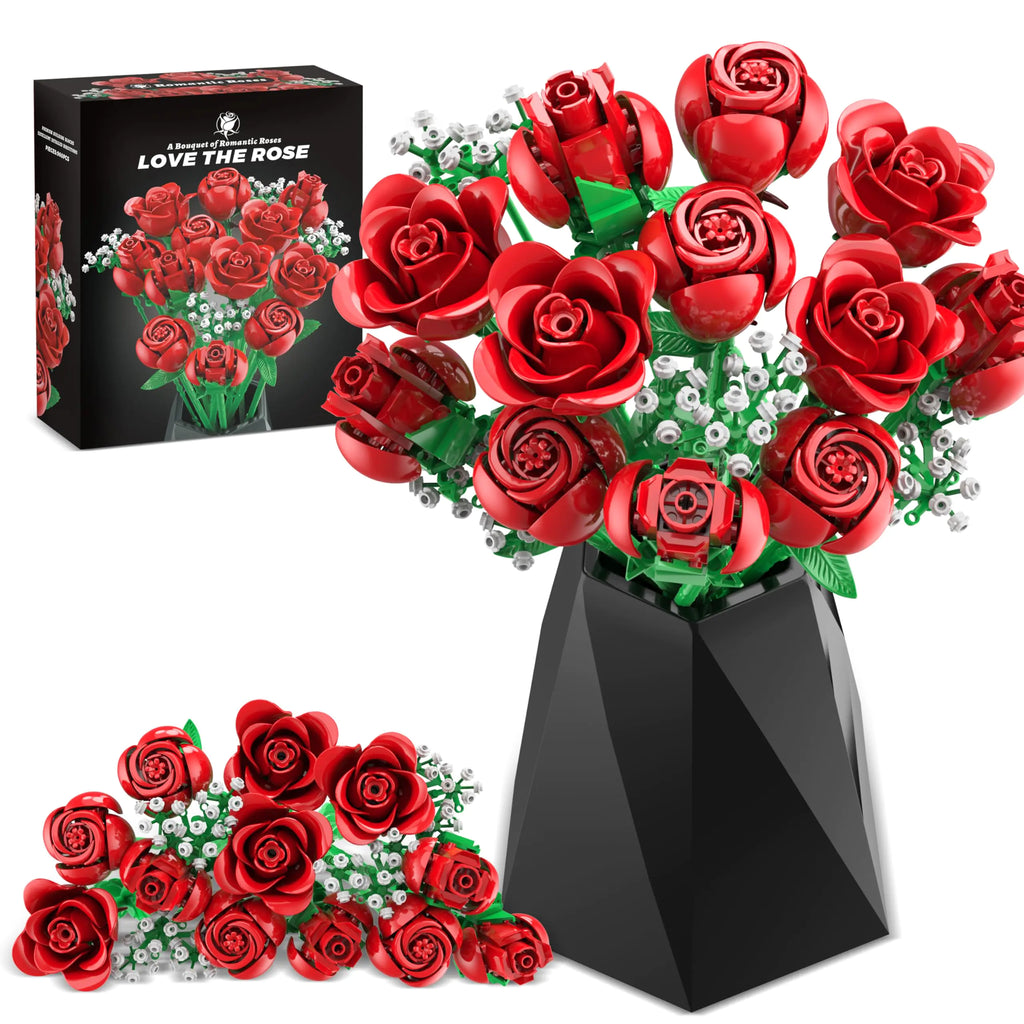 Rose Flowers Bouquet Building Set 960PCS Roses Artificial Flowers Botanical Collection for Dinner Table Home Decor Valentines Day Gifts for Her Him Valentines Birthday Flower Decorations