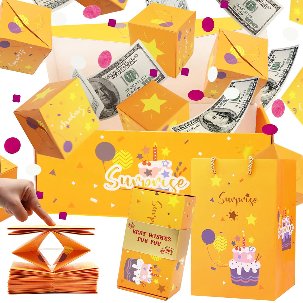 Surprise Gift Box Explosion for Money Unique Folding Bouncing Red Envelope Gift Box with Confetti Cash Explosion Luxury Gift Box for Mom Birthday Anniversary Valentine Proposal (15 Bounces) (Yellow)