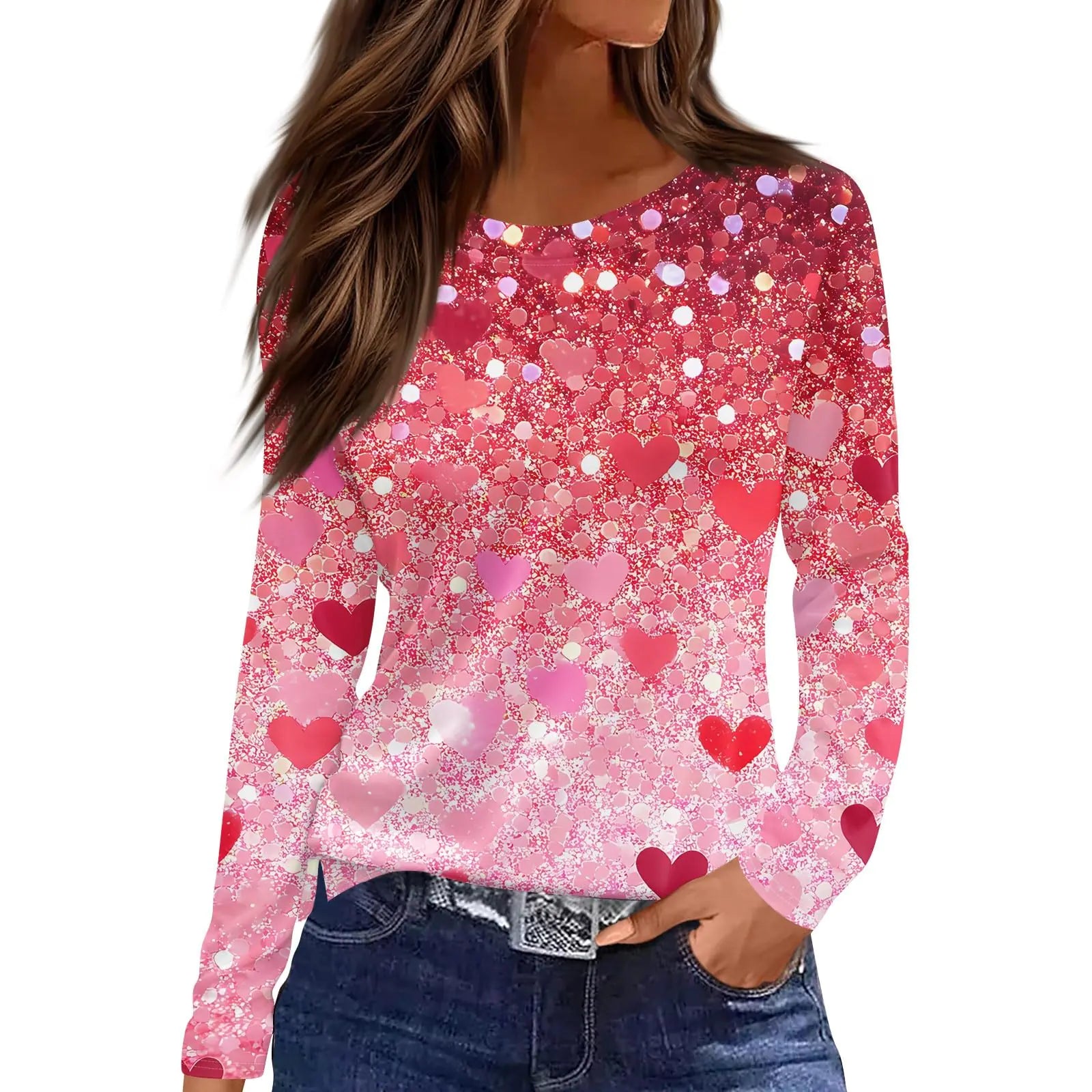 Valentines Day Shirts for Women 2025 Heart Print Long Sleeve Tops Graphic Tees Plus Size Loose Fit Valentines Tshirts Shirts for Women Trendy Summer Dressy Casual Tunics (K Dark PurpleX-Large)