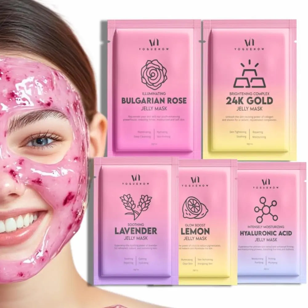 Jelly Mask for Facials - Pack of 5 | Valentines Gift | Hydrating Jelly Face Masks | Free Jade Roller & Spatula | Bulgarian Rose Lavender 24K Gold | Valentine Gifts for Women Galentines Day Gifts